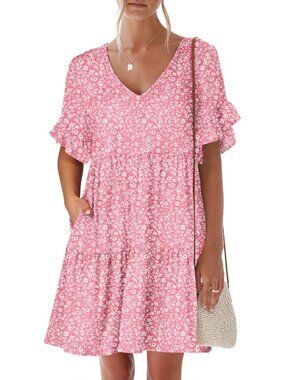 Anrabess Women's Pink Floral Neck Ruffle Sleeve A Line Tiered Mini Flowy Dress
